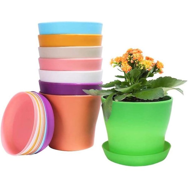 Farverige plantepotter i plast - 9 stykker, med bakke - Perfekt til hjemme- og kontorbrug