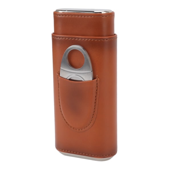 3 Finger Cigar Etui Jern Cover Bærbar Blød Glansfuld Læder Cigar Holder Etui med Cutter til Rejse Brun