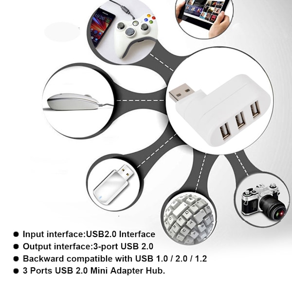 USB-hubbartsportar USB 2.0 Mini Rotate Splitter Adapter Hub för PC Notebook Laptop Mac Vit