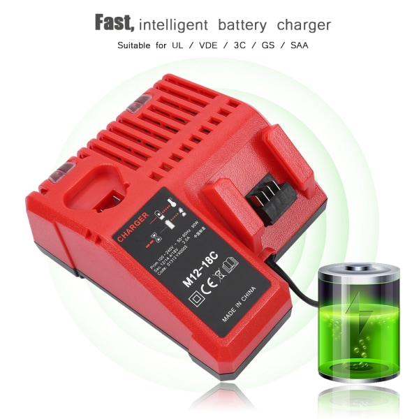 12V-18V Lithium batterioplader til Milwaukee M12-18C M18 erstatning EU stik 110-240V