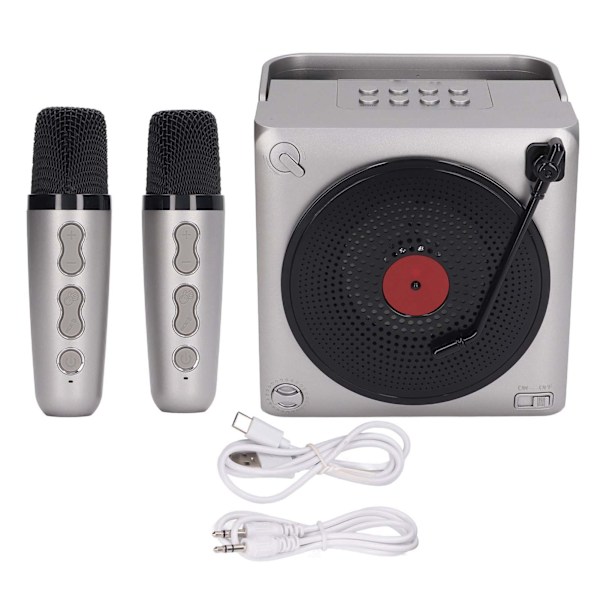 Karaoke-laite kahdella mikrofonilla, kannettava LED-Bluetooth-kaiutin syntymäpäiville, kotikäyttöön, harmaana
