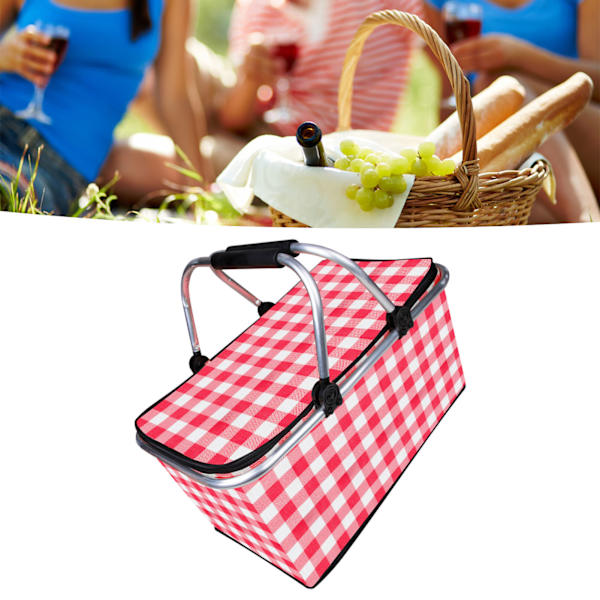 Picnickurv Foldbar Oxford-klud isoleret opbevaringskurv med ternet mønster til Picnic Camping Rød Almindelig