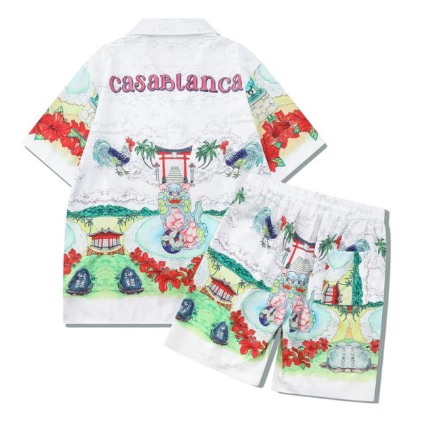 Stadium Print Casablanca Tennis Club kortærmet skjorte og shortsæt, unisex til sommer, afslappet hiphop hawaiiansk strandstil CA33 L