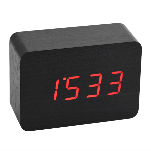 Trä elektronisk digital väckarklocka Temperatur LED-display Ljudkontroll Svart