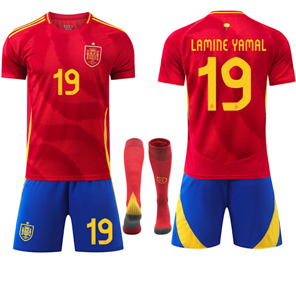 25 Spanien hemma röd nr 19 Lamin Yamal fotbollstema tröja fotbollsdräkt barn vuxenstorlek No. 19 Lamin Yamal 26（140-150CM)