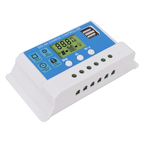 PWM Solar Charge Controller Panel Intelligent Regulator Justerbar LCD-skärm 2 USB-port 12V 24V Vit 30A