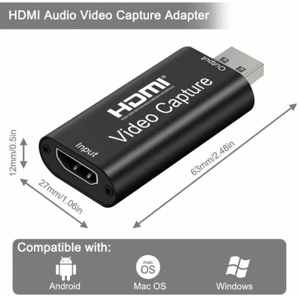 Audio Video Capture Cards, 1080p HDMI till USB adapter, Portable Plug & Play Capture Card, för Live Video Streaming Video Recording eller Live Broadcast,