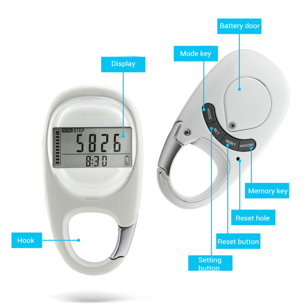 Yksinkertainen 3D-digitaalinen askelmittari kannettava kävelyaskelaskuri karabiinipidikkeellä miehille, naisille, lemmikeille