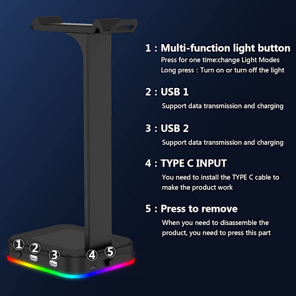 RGB Gaming Headset Stativ med 2 USB Ladeporter