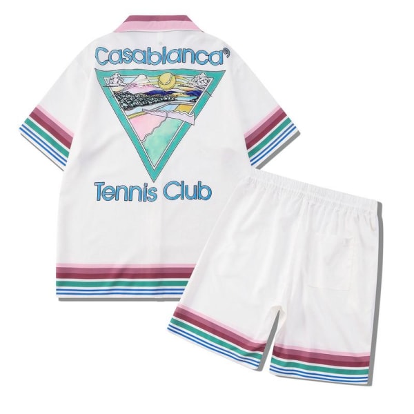 Stadium Print Casablanca Tennis Club kortærmet skjorte og shorts sett, unisex for sommeren, casual hip-hop hawaiisk strand stil CA43 L