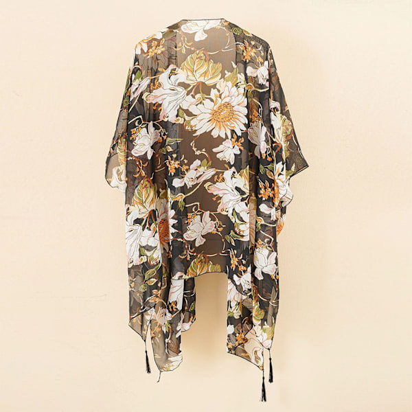 Strandbadetøj Cover Up Chiffon En Størrelse Sort Tassel Blomsterprint Swim Cover Up til Vandland Ferie