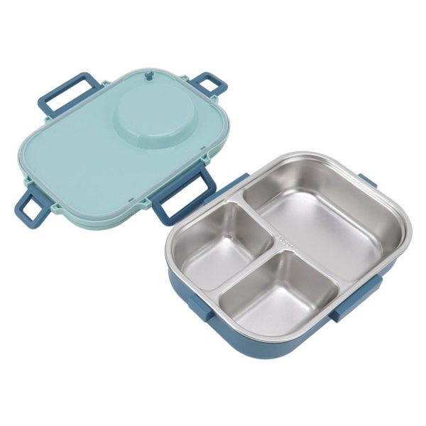 Termisk Lunsjboks 1100ml Dobbelt Lag 3 Grid Design 304 Rustfritt Stål Bento Boks med Spiseskjeer Suppeskål Blå