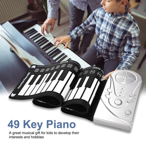 Bærbart elektronisk keyboard med 49 tangenter, håndrullende klaver til børn, børn, begyndere (sølv)