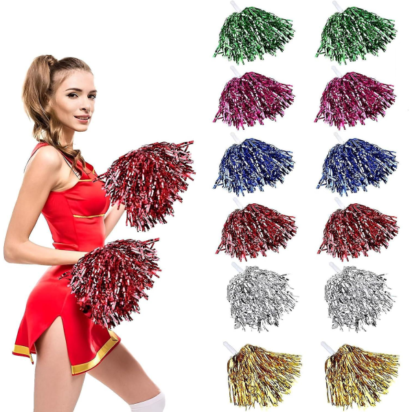 Cheerleader Pompoms - 12 stykker, metallisk folie, blomsterhånddesign