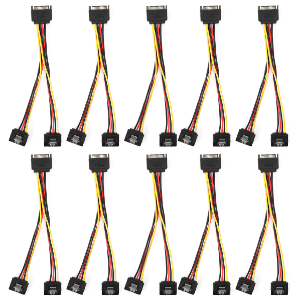 10 stk SATA strømadapter 15 pins 1 hann til 2 hunnkontakt Nettledning for overføring av datalading