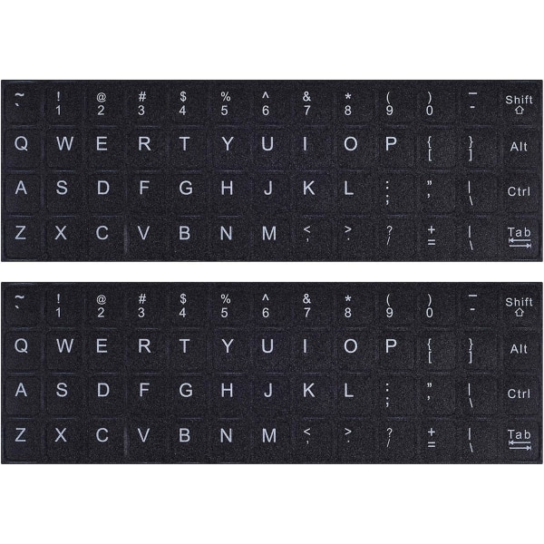 Universal Keyboard Stickers Pack - Englanninkielinen asettelu, musta tausta valkoisella fontilla, täydellinen tietokoneille