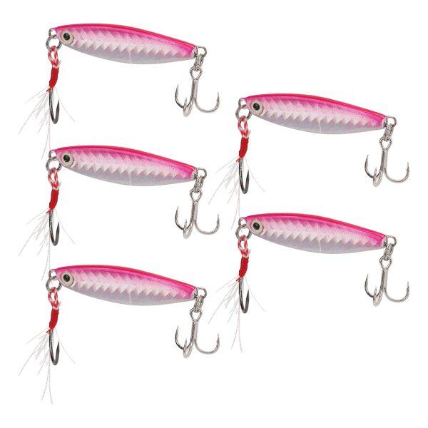 5kpl 15g Metal Vib Hard kalastusuistimet Jigging kalastussyötit Keinotekoinen kova viehe paljeteilla Laser Feather Hook Pink