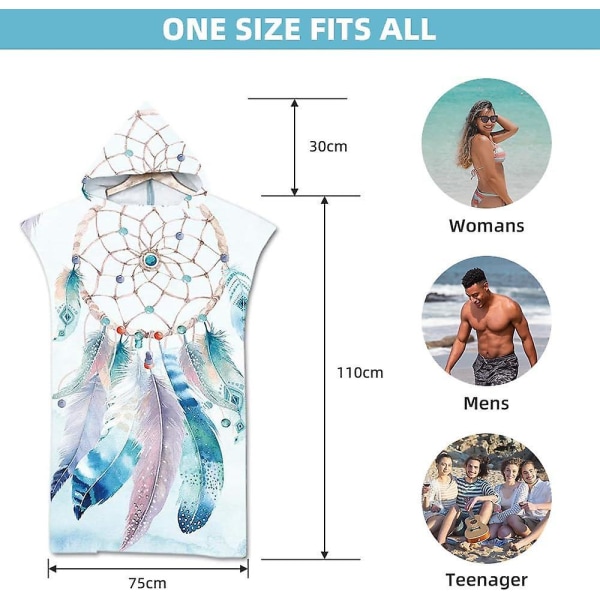 Feather Surf Poncho Towel - nopeasti kuivuva mikrokuituhupullinen vaihtotakki surffaukseen, rannalle ja uimiseen (iso aikuisille)