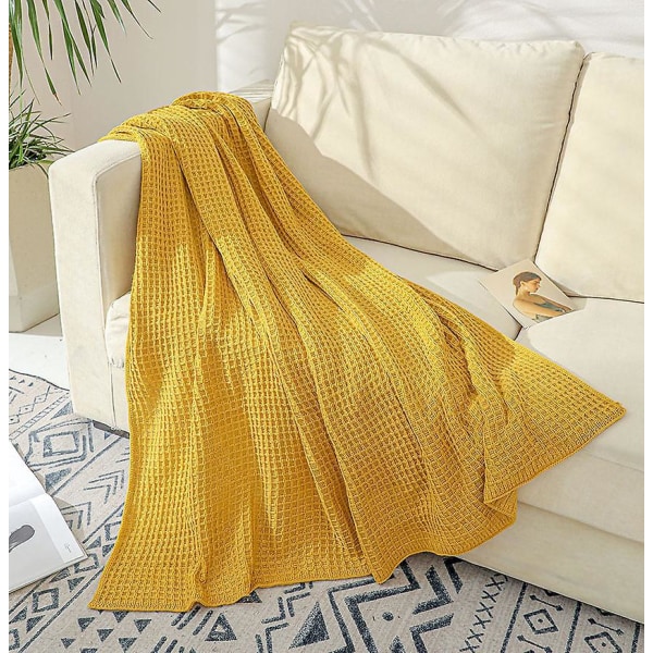 Gult överkast i bomullspläd - lätt våffeldesign (130x150 cm) för mångsidig sommaranvändning, perfekt för soffa eller säng