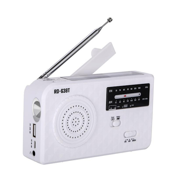 Hvit AM/FM-radio manuell power-lommelykt solcelle-radio LED-lommelykt håndsveiv nødlading