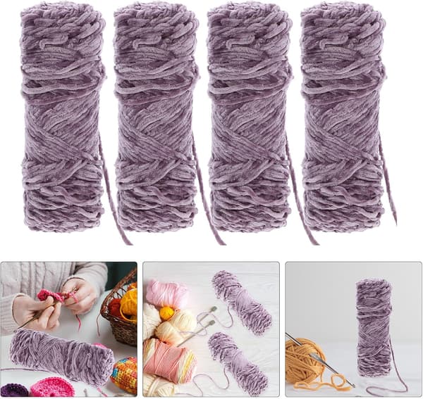 4 stk lys lilla chenillegarnsett for DIY håndheklet skjerf og lueveving