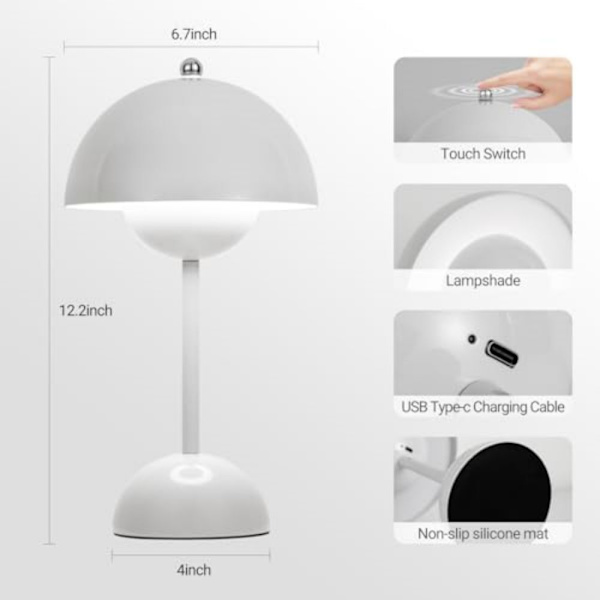 Modern Trådlös Bordlampa i Blomkruka, Uppladdningsbar Batteridriven Svamplampa, 3 Färger Steglös Dimning