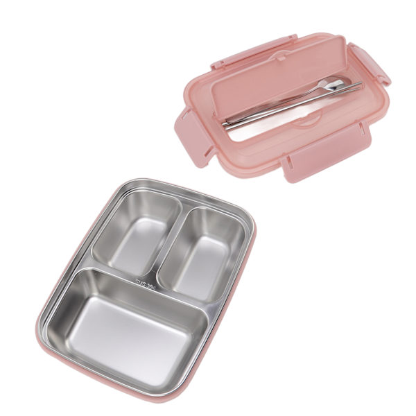 Lunsjboks 3 rom 304 rustfritt stål plast matchende skje spisepinner bærbar lunsjbeholdere for kontor rosa