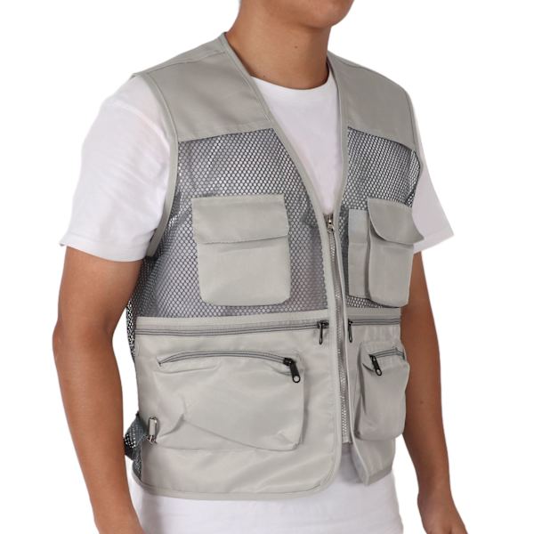 Militær Vest Holdbar Åndbar Multi Lomme Mesh Fiskevest til Udendørs Aktiviteter XXL Fransk Grå
