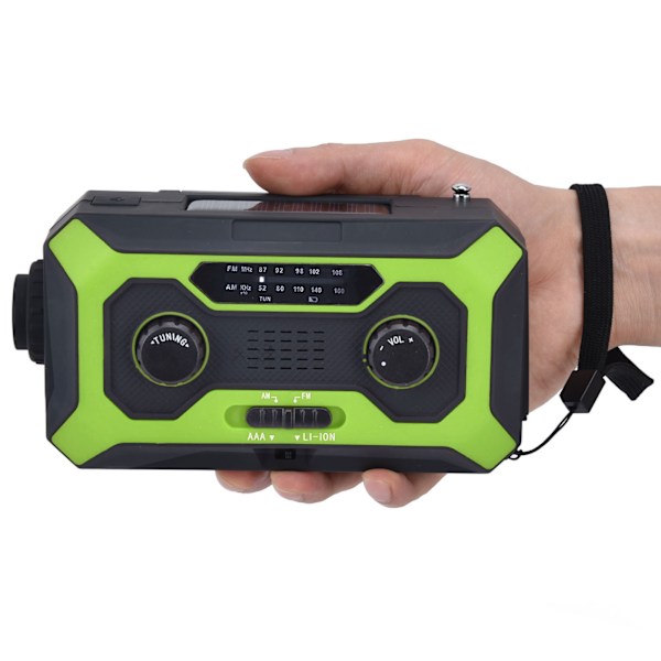 Håndsvinget Nødvejrradio AM/FM Skift Batteriindikator Lommelygte Solenergi Power Bank til Udendørs Camping Grøn EU Version