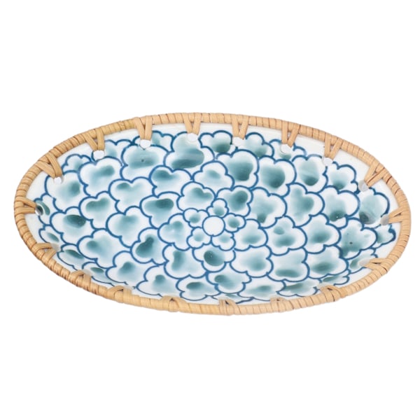 Flettet Rattan Keramisk Plade Oval Flettet Rattan Porcelæn Frugtplade til Bryllupsfest Banket FødselsdagBlå Blomster