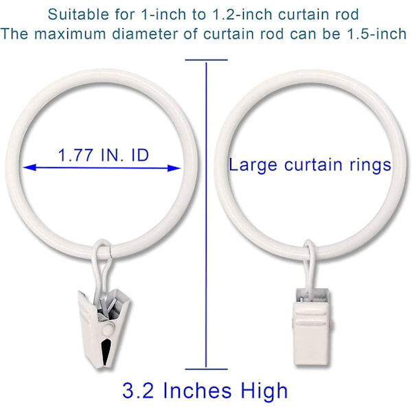 Metallgardineringer med klips - Sett med 20, 1,77 tommers indre diameter, hvit