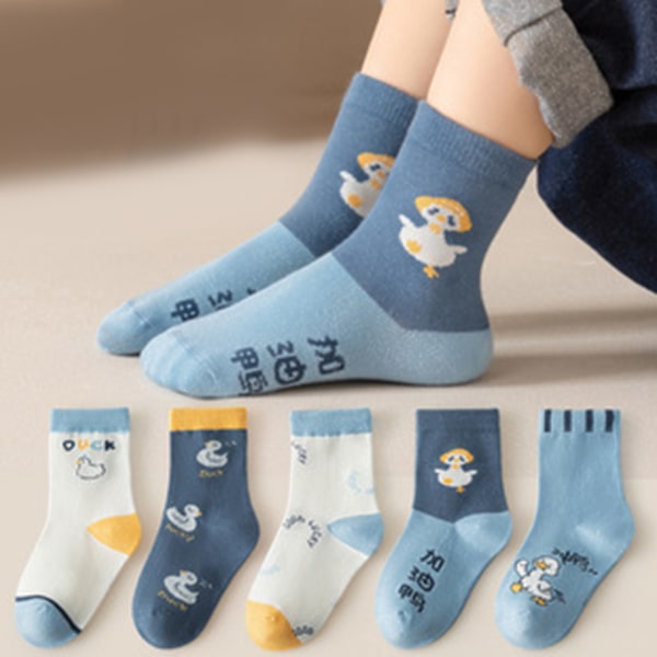 5 Par Barnstrumpor med Cartoon-Anka Mjuka Bomullsstrumpor Varma Mid-Calf Strumpor för Pojkar M