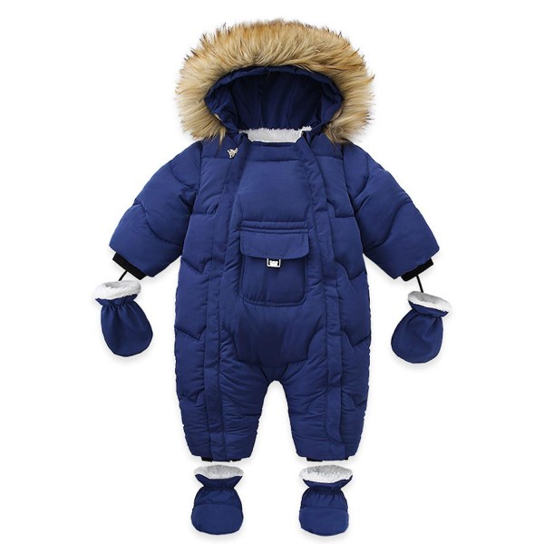 Baby Vintersnödräkt med handskar Tossor Huvtröjor Rompers Vinter Tjock ytterkläder Jumpsuit dunrock 9-12 Months Navy Blue