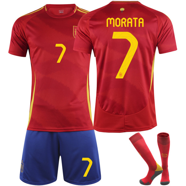 25 Spania hjemme rød nr 7 Morata fotballtema trøye fotballdrakt barn voksenstørrelse No. 7 Morata 16（90-100CM)