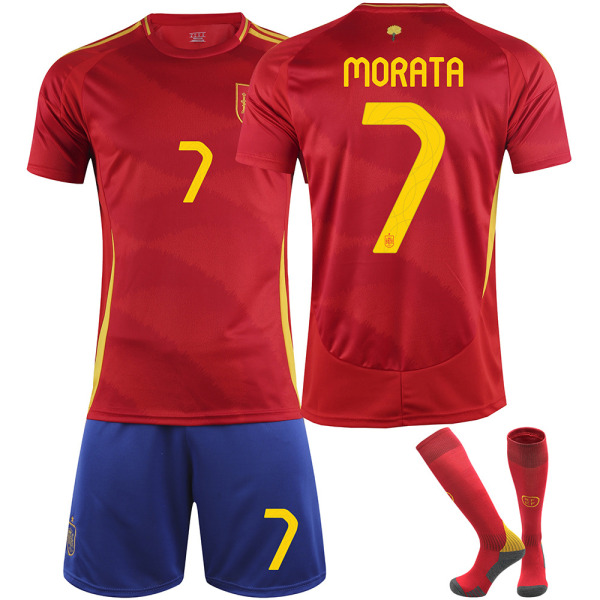 25 Spanien hemma röd nr 7 Morata fotbollstema tröja fotbollsdräkt barn vuxenstorlek No. 7 Morata 26（140-150CM)