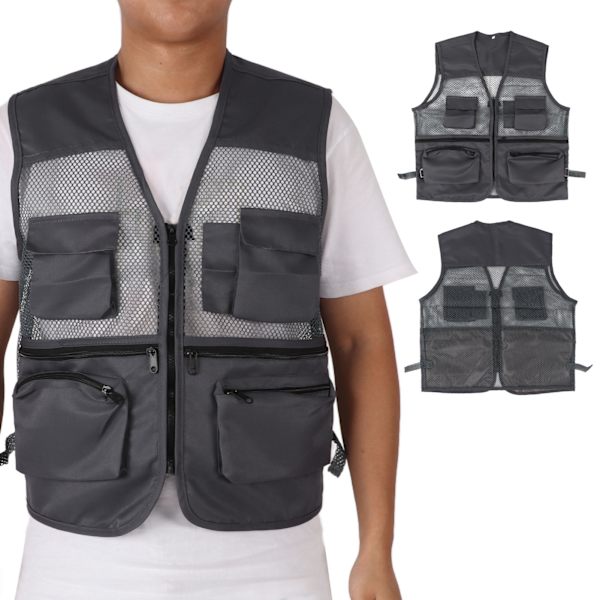 Militærvest Slidstærk Åndbar Multi Lomme Mesh Fiskevest til Udendørs Aktiviteter XXL Mørkegrå
