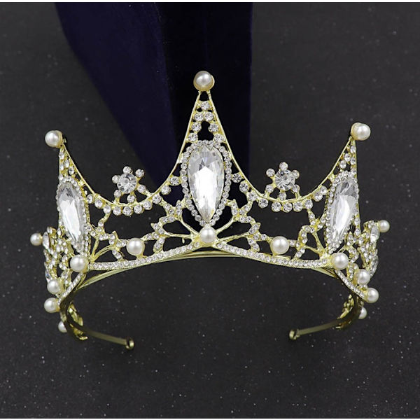 Crystal Pearl Crown Tiara (guld)