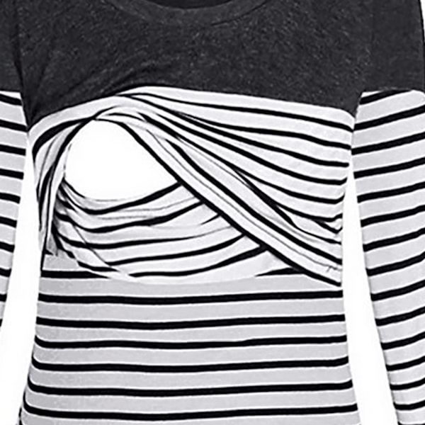 Maternity T-shirt för kvinnor, rund hals, lång ärm, stretchig amning, randig topp för snabb amning, svart, L