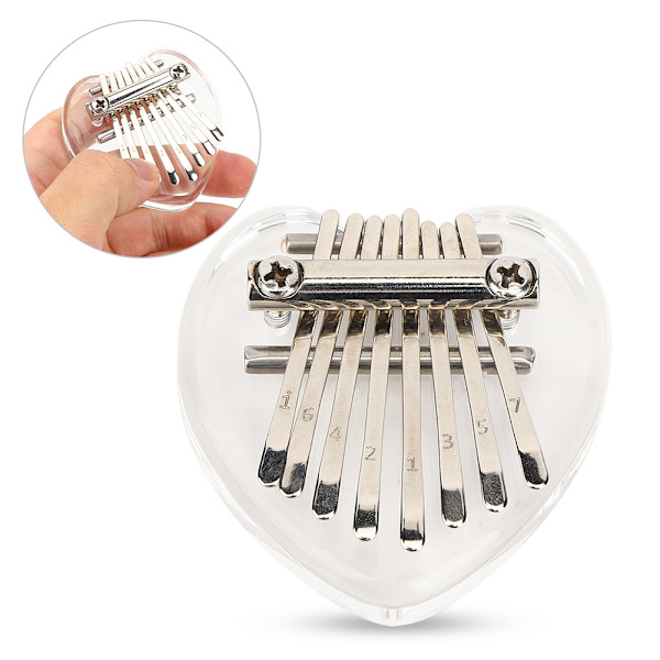 Tommelfingerklaver 8 tangenter Mini bærbart akrylmateriale Dekorationsgave Musikinstrument (hjerteformet krystal)