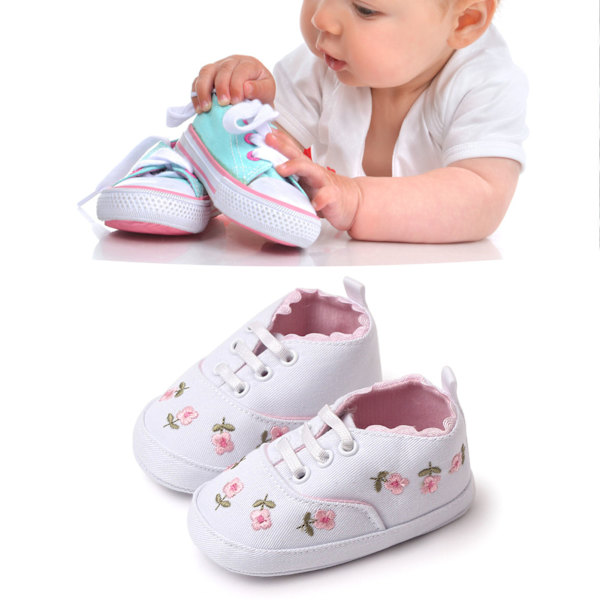 Baby sko - Stilfulde, søde broderier, håndlavede denim, skridsikre såler, bløde babysko med snørebånd, hvide 11 cm/4,3 tommer