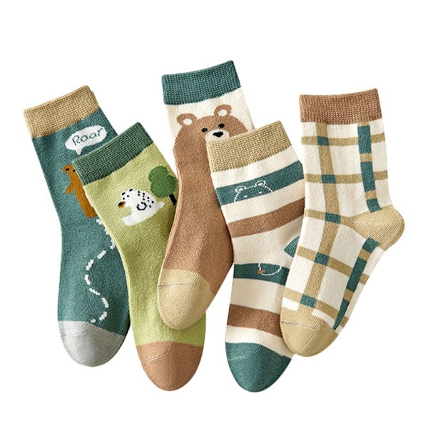 5 Pairs Boys Girls Cartoon Bear Pattern Socks Children Autumn Winter Soft Combed Cotton Cute Crew Socks S for 1‑3 Years Old