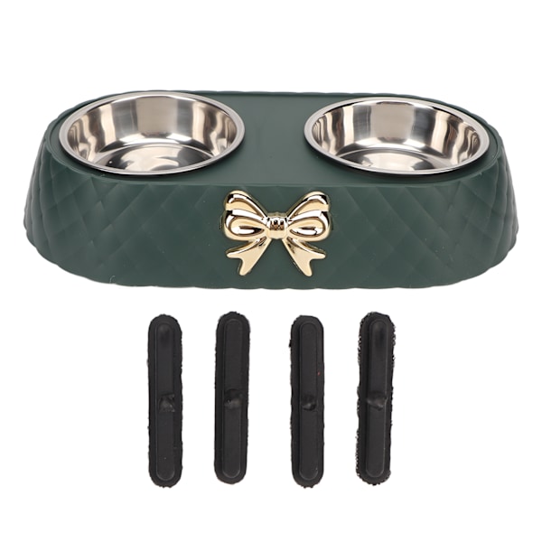 Double Pet Bowls Prevent Slip Stainless Steel Pet Food Water Bowls with Bowknot Decor Holder for Dog Cat Dark Green