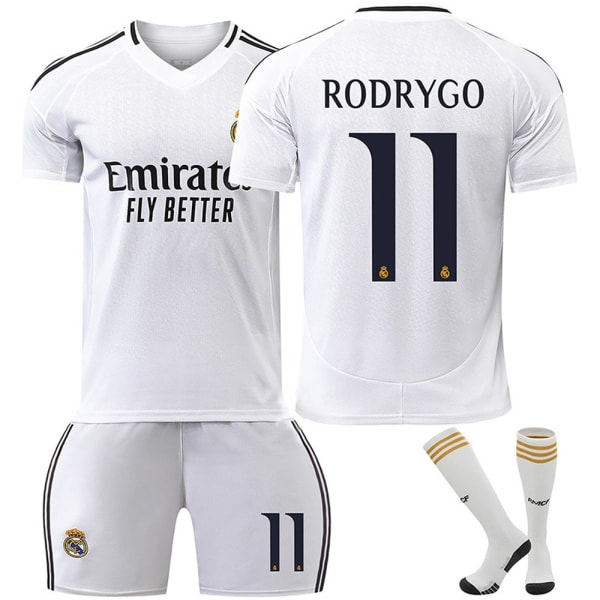 Säsongen 2425 Real Madrid hemma nr 11 Rodrigo fotbollstema fotbollströja set innehåller vuxen- och barnstorlekar No. 11 Rodrigo 22（120-130CM)