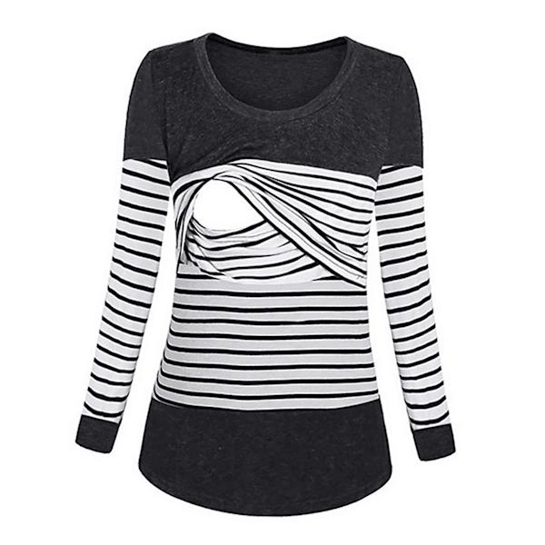 Kvinners ammeskjorter med rund hals, lang ermet, elastiske ammeskjorter med striper for rask amming, svart XL
