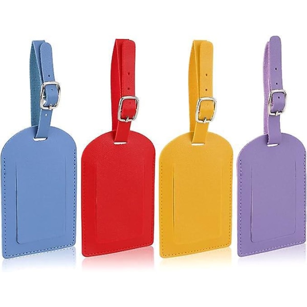 Sett med 4 bagasjemerker i skinn med justerbar stropp – lilla, blå dis, gurkemeie