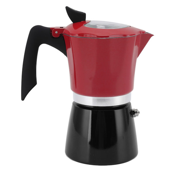 Kaffetillverkare för spishäll i aluminium, bärbar kaffebryggare med transparent lock för resor, röd/svart, nr 6, 300 ml