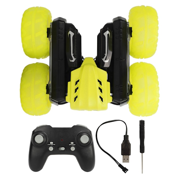 2.4G Dobbeltsidig RC Stuntbil 360 Graders Flips Roterende Lyd Lys Genopladelig Fjernstyret Stuntbil Gul Enkelt Batteri