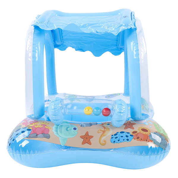 Baby Pool Float Solskydd Badring Spädbarns Säte Båt Uppblåsbar Leksak med Markis Handtag Liten Klocka Blå