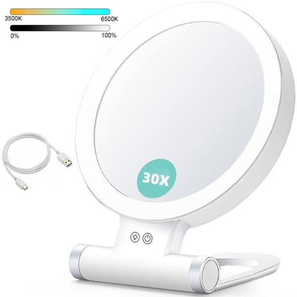Makeupspejl, 1x/30x dobbeltsidet LED-forstørrende foldespejl, 3-farvet belysning, bærbart og elegant