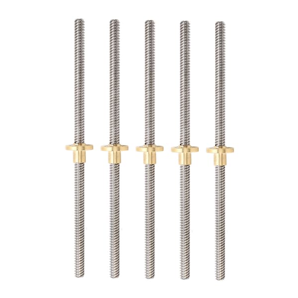 5 stk. T8 ledeskrue 2 mm stigning 8 mm ledning 200 mm lineær bevegelse gjenget stang med messingmutter for 3D-printer